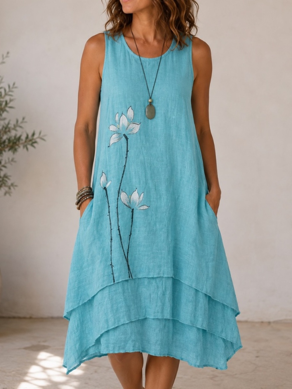 Gea Sleeveless Dress Womens Size XL Turquoise Floral Crepe Boho Feminine